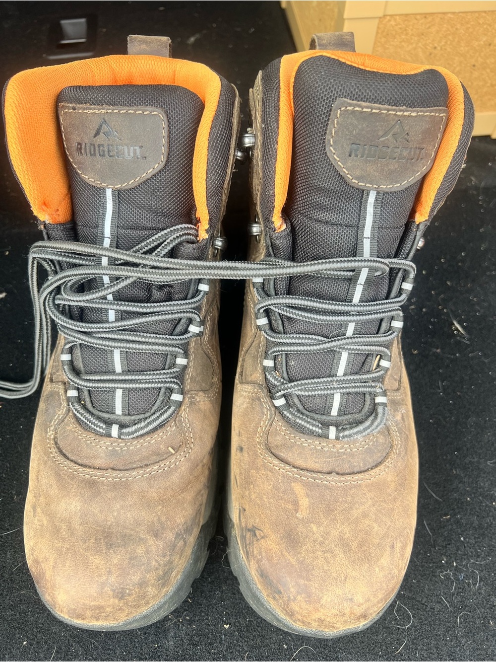 RidgeCut Men's Brown Work Boots with Orange Collar